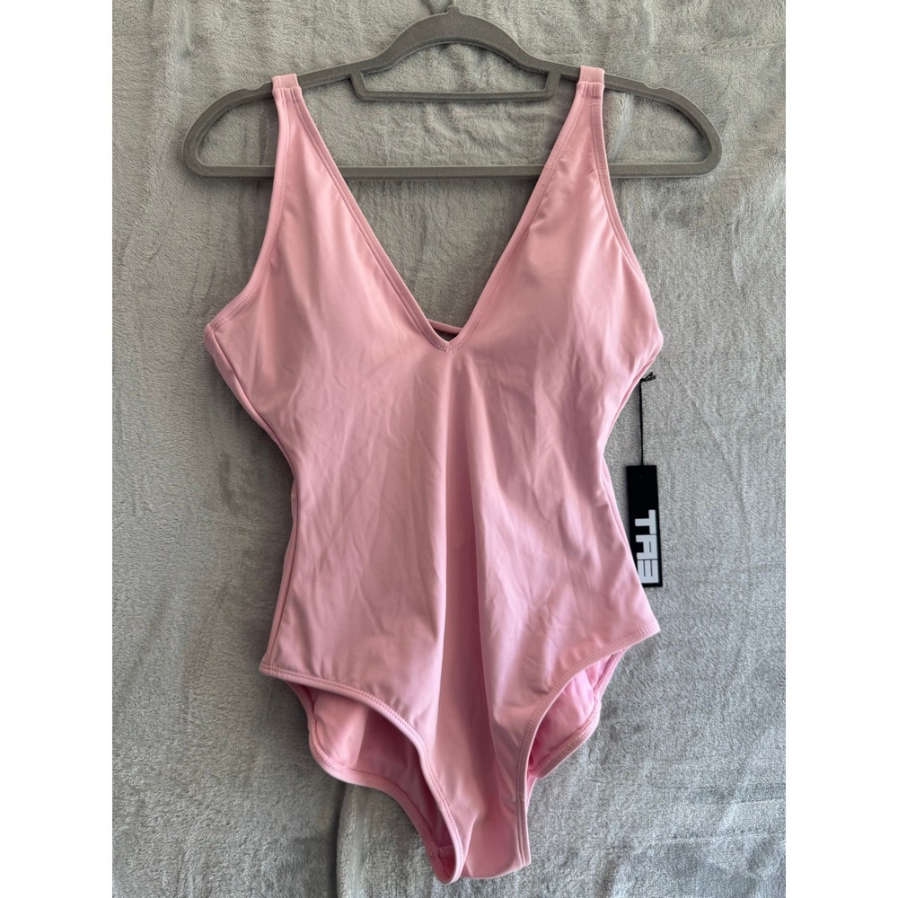 NWT TA3 Plungey One Piece Swimsuit Light Pink Lace Up TA304 S Short Shark Tank